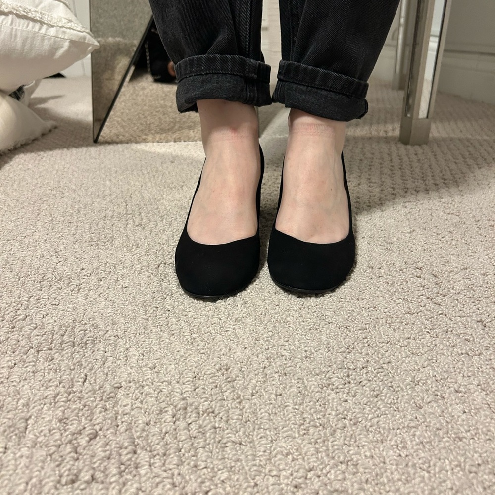 French sole NY black suede block heel pumps
